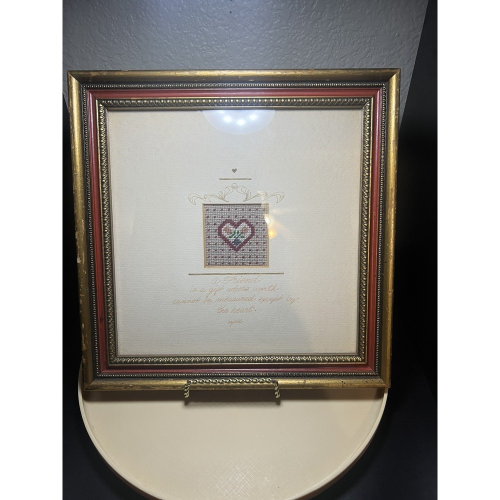 Finished 9" x 9" Framed Cross Stitch Heart "A Friend Is a Gift…"